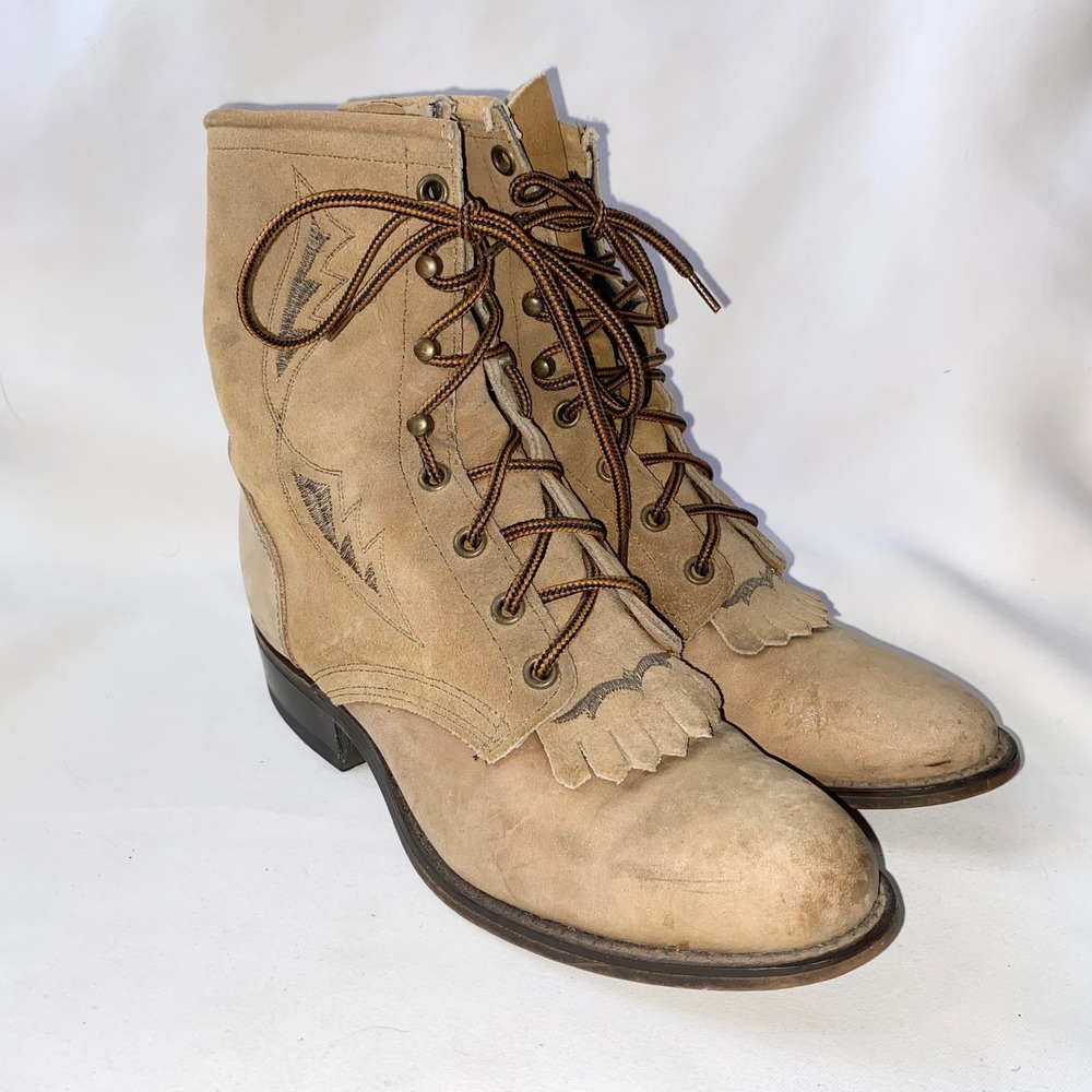 Laredo Tan Suede Western Ankle Boots Lace Up Fringe Embroidered‎ W 6.5M Heels